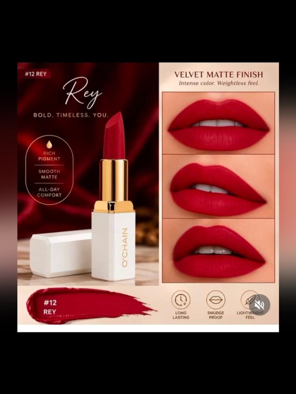 NWT/ O'CHAIN ( 12 Rey)Lipstick–Long Lasting Coverage,Cruelty-Free Vegan Lip
